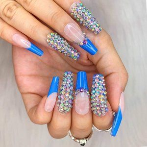 24pcs Glossy Pearl Blue French Press on Nails 3D Shiny Holo Crystal Stiletto